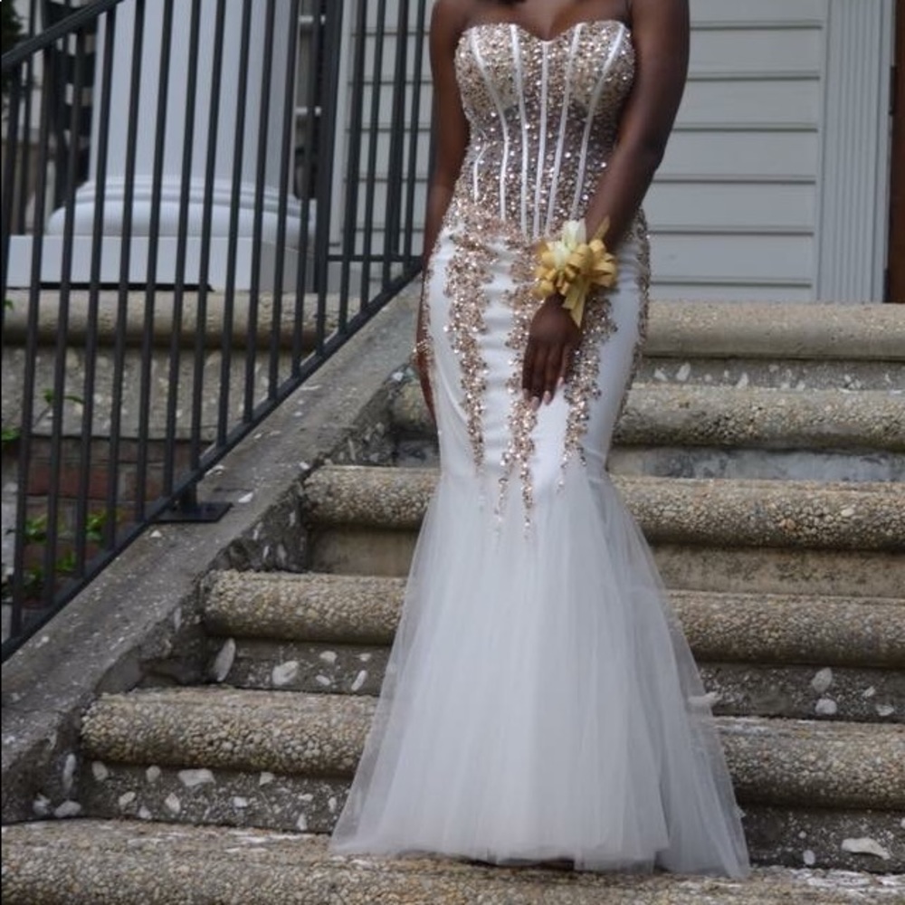 White and Gold Mermaid Prom Dress